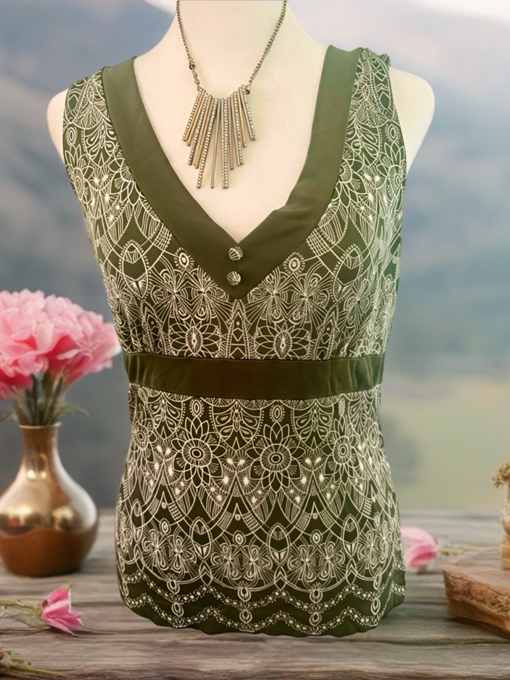 ANTONIO MELANI Olive and White V-Neck Printed Tank with Button Detail